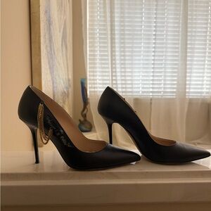 John Galliano Black Heels with Gold Chain Accent